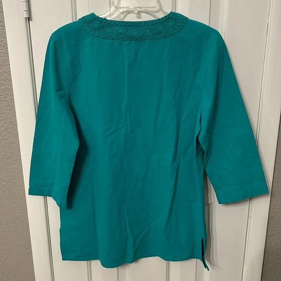 Appleseeds Women’s (S) Turquoise Green Lace Trim Tunic Easy Breezy 3 Qtr Sleeve - Picture 3 of 7